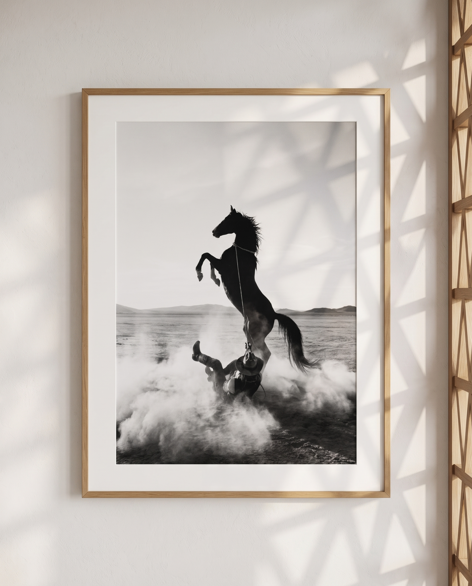 TUGBOAT black-and-white horse and cowboy wall art in a light wood frame