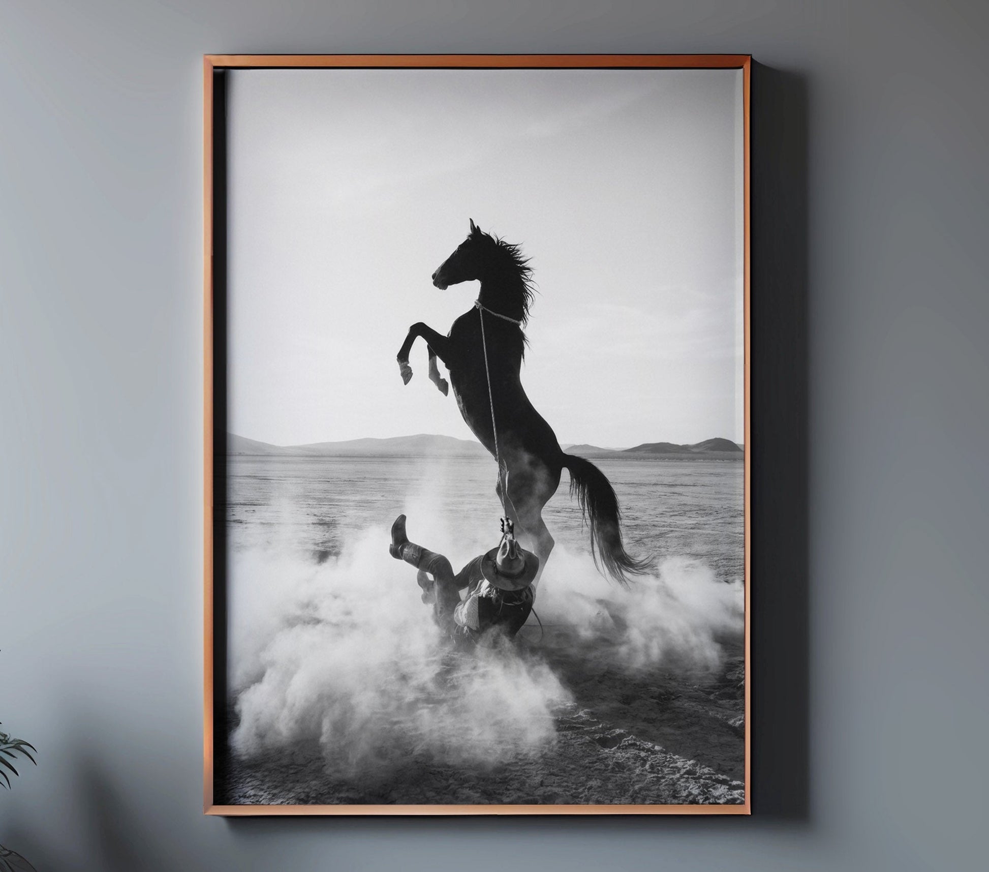 TUGBOAT western horse and fallen cowboy wall print in a copper frame