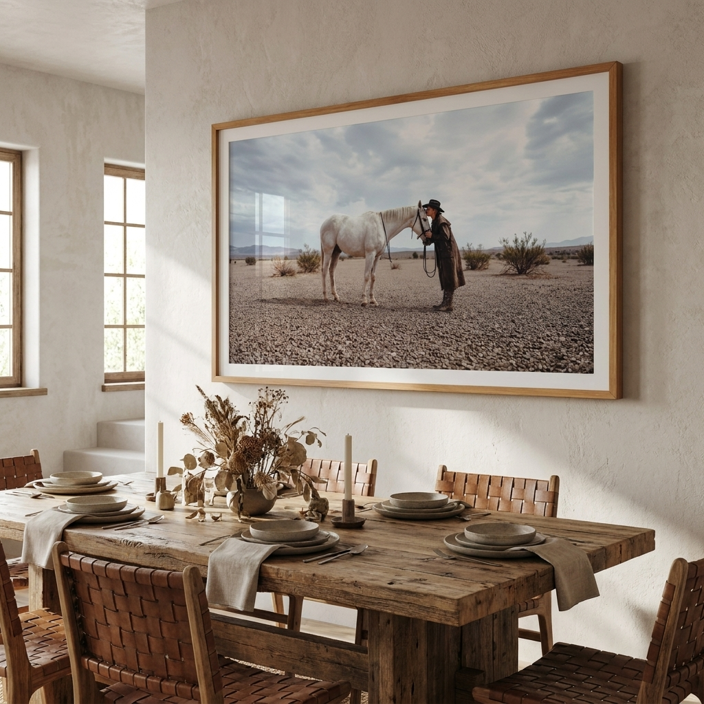 WHO NEEDS HUMANS woman and white horse print in a rustic dining room