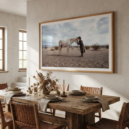 WHO NEEDS HUMANS woman and white horse print in a rustic dining room