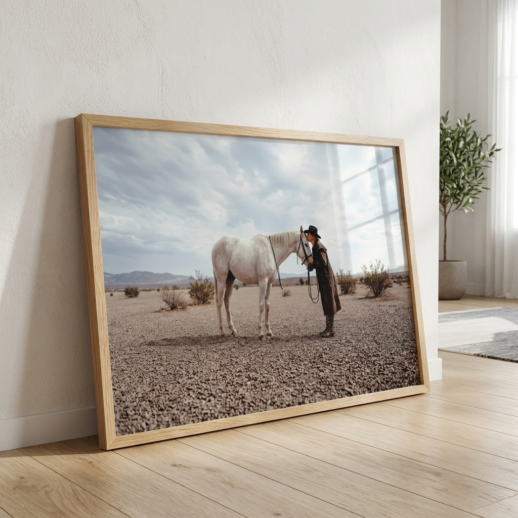 WHO NEEDS HUMANS equestrian wall art leaning in a light wood frame