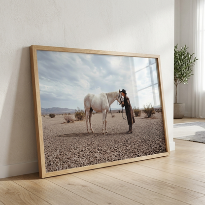 WHO NEEDS HUMANS equestrian wall art leaning in a light wood frame