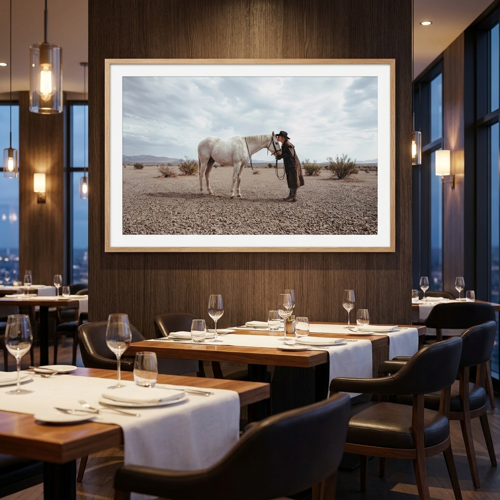 WHO NEEDS HUMANS western horse art displayed in a modern restaurant