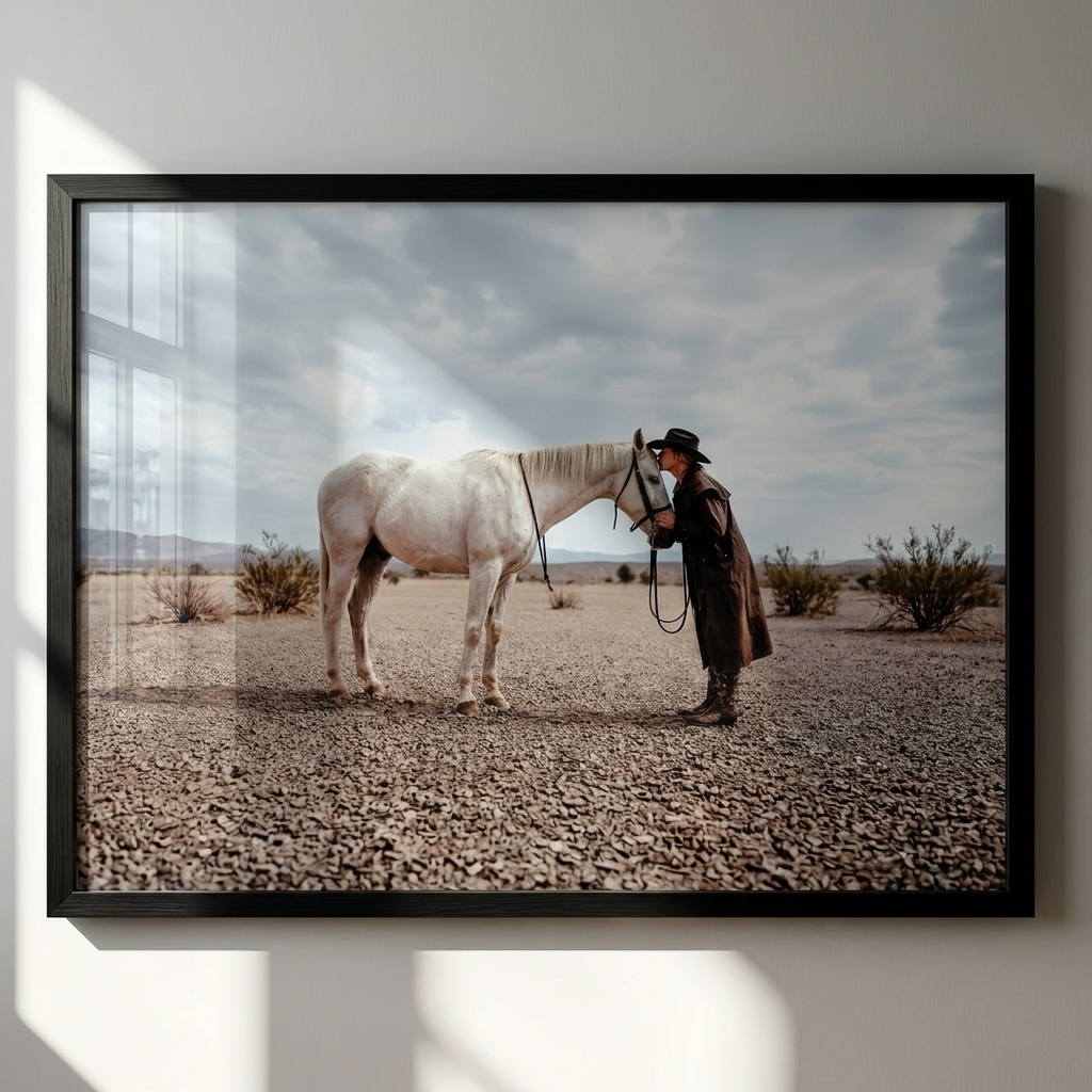 WHO NEEDS HUMANS western woman and white horse wall art in a black frame