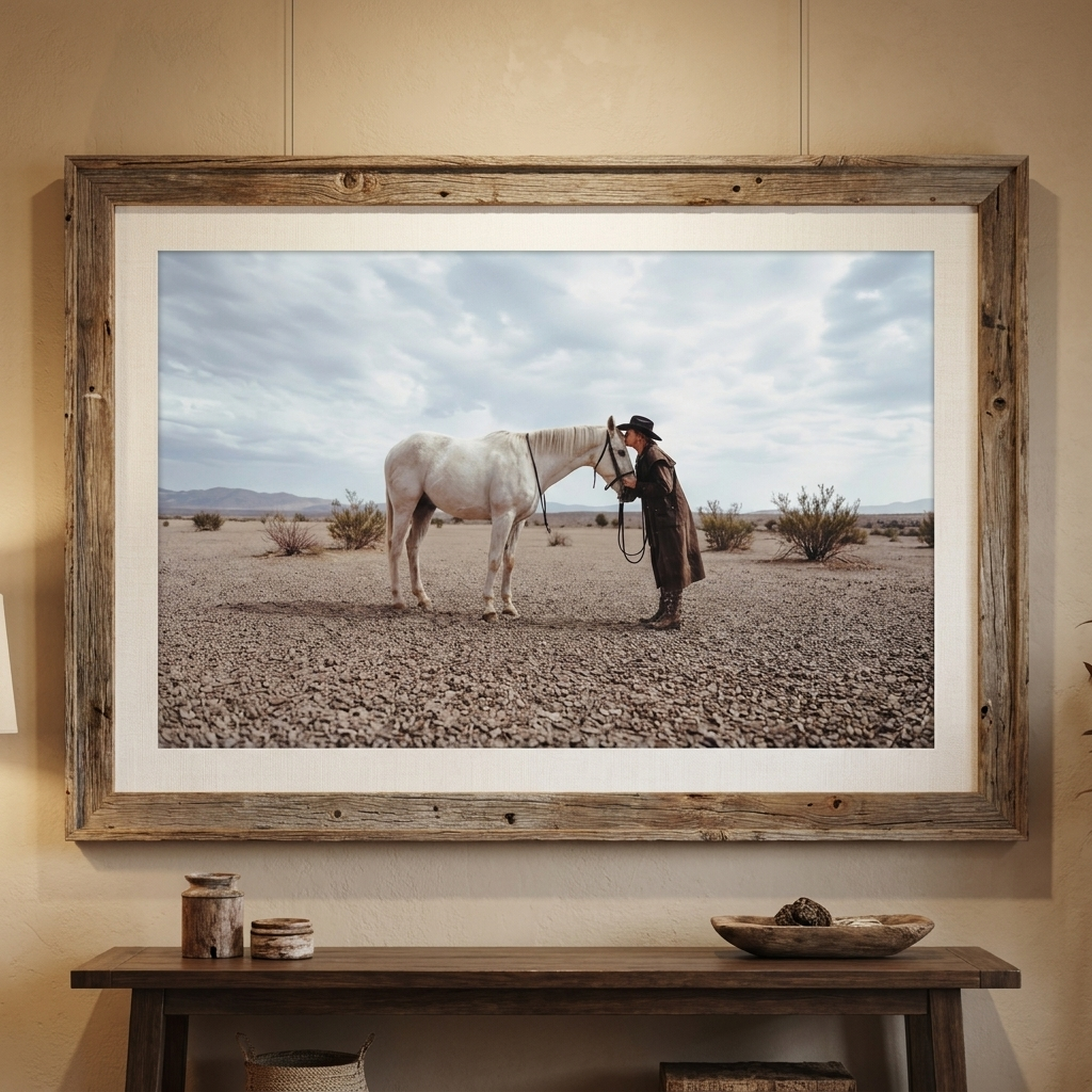 WHO NEEDS HUMANS white horse and cowgirl wall art in a rustic wood frame