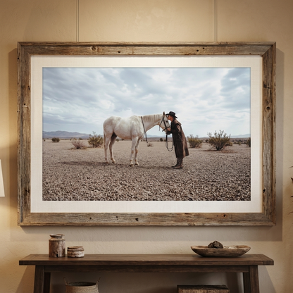 WHO NEEDS HUMANS white horse and cowgirl wall art in a rustic wood frame